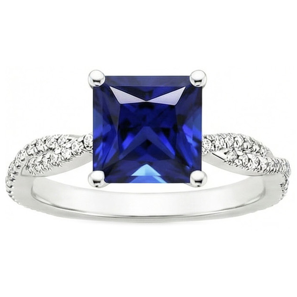 Princess Solitaire Accents Ring Ceylon Sapphire & Natural Earth Mined Diamonds 6 Carats