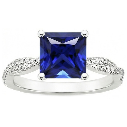 Princess Solitaire Accents Ring Ceylon Sapphire & Natural Earth Mined Diamonds 6 Carats