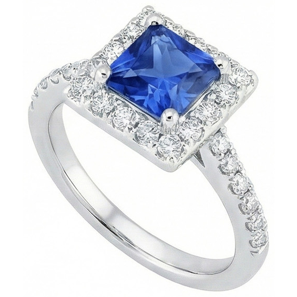 Princess Sri Lankan Sapphire Natural Earth Mined Diamond Ring 2.25 Carat White Gold 14K