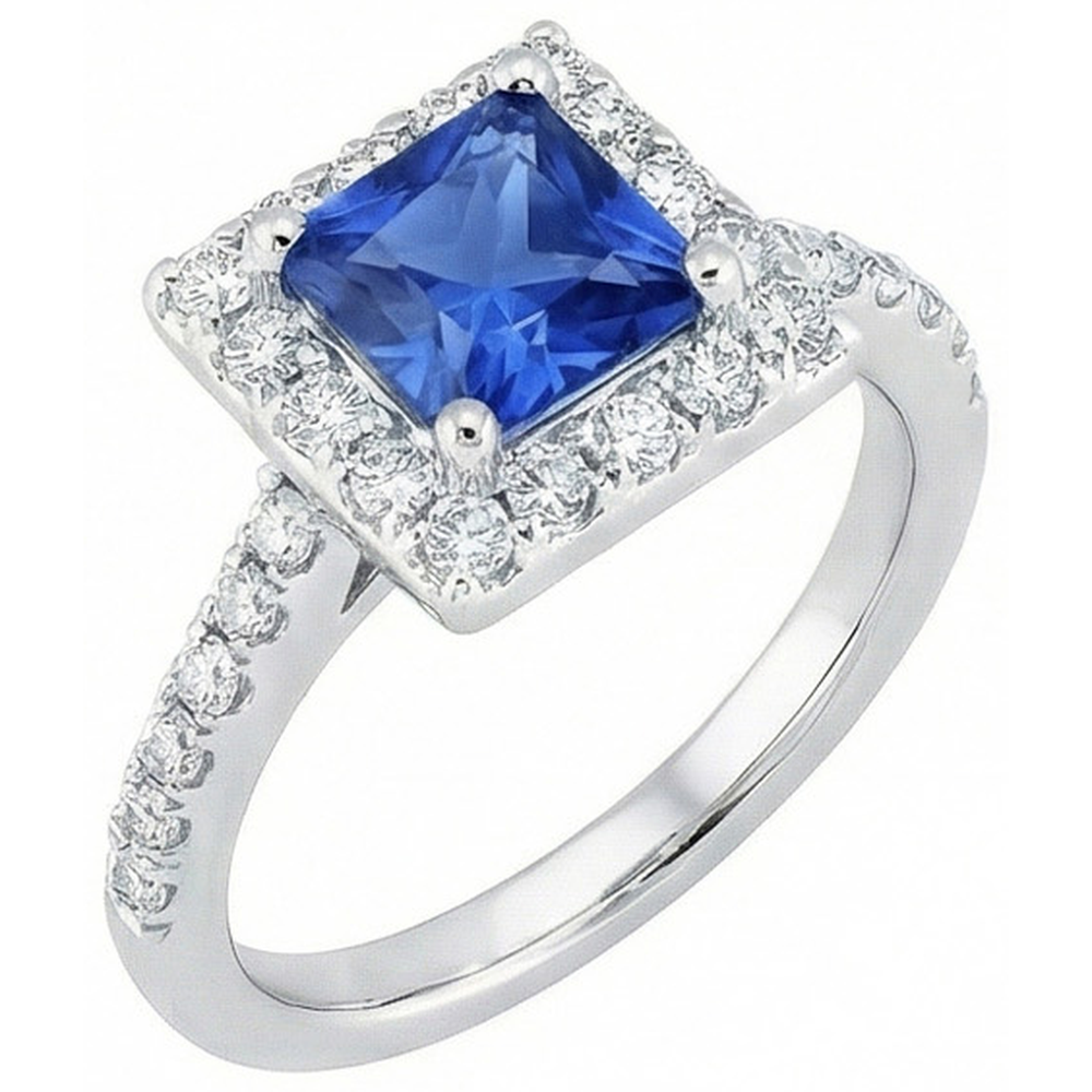 Princess Sri Lankan Sapphire Natural Earth Mined Diamond Ring 2.25 Carat White Gold 14K