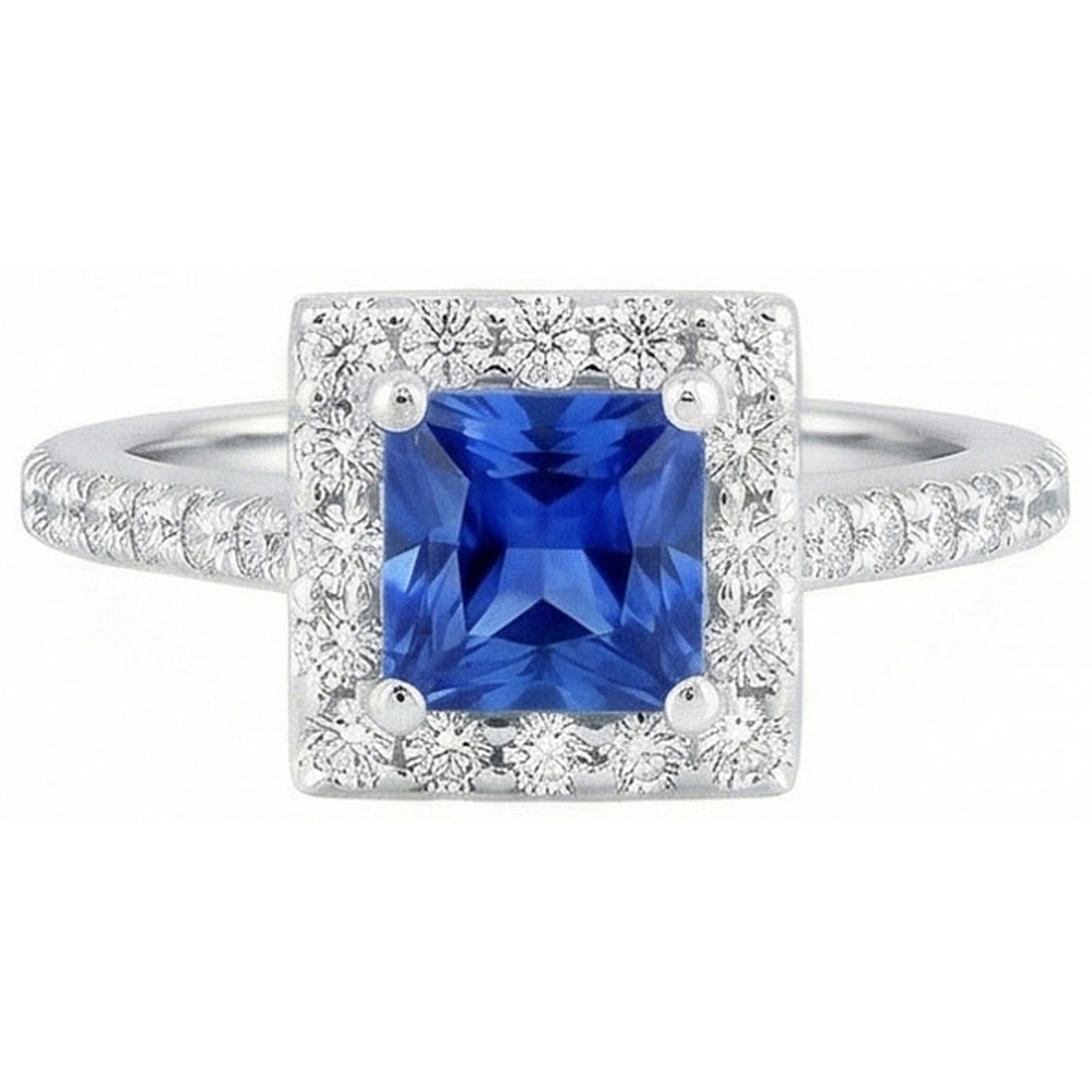 Princess Sri Lankan Sapphire Natural Earth Mined Diamond Ring 2.25 Carat White Gold 14K