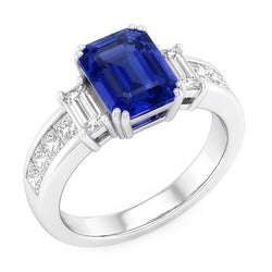 Princess & Emerald Natural Earth Mined Diamond Blue Sapphire Anniversary Ring 3 Carats