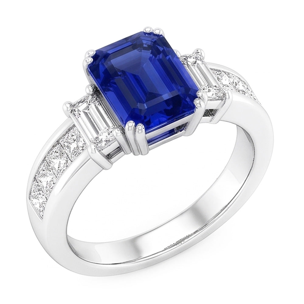 Princess & Emerald Natural Earth Mined Diamond Blue Sapphire Anniversary Ring 3 Carats