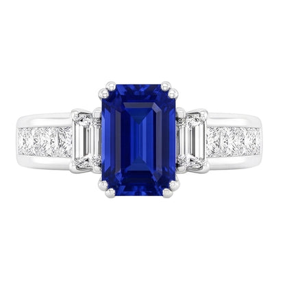 Princess & Emerald Natural Earth Mined Diamond Blue Sapphire Anniversary Ring 3 Carats