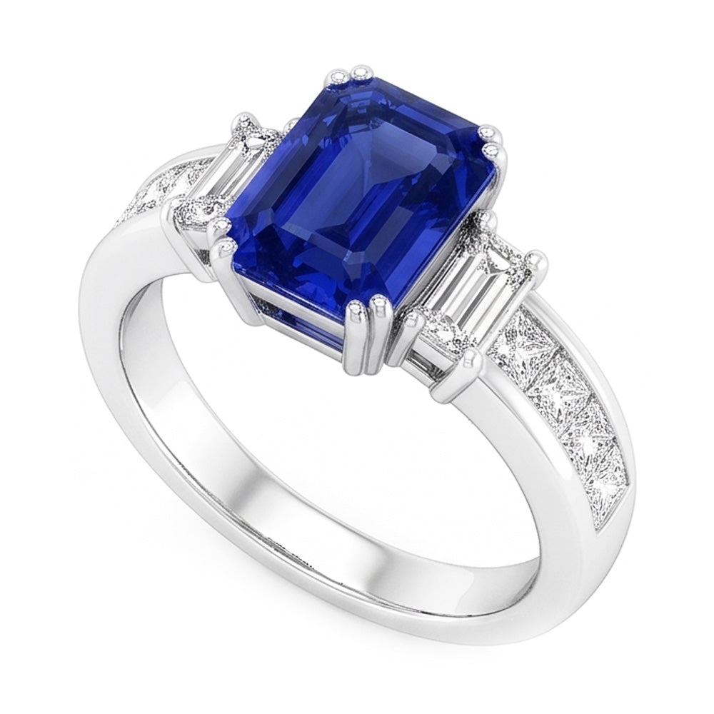 Princess & Emerald Natural Earth Mined Diamond Blue Sapphire Anniversary Ring 3 Carats