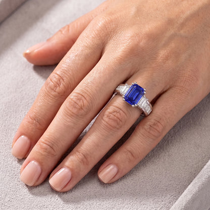 Princess & Emerald Natural Earth Mined Diamond Blue Sapphire Anniversary Ring 3 Carats