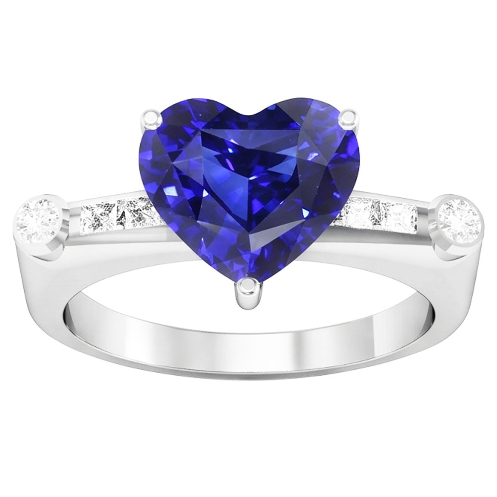 Princess & Round Natural Earth Mined Diamond Blue Sapphire Ring 3.50 Carats