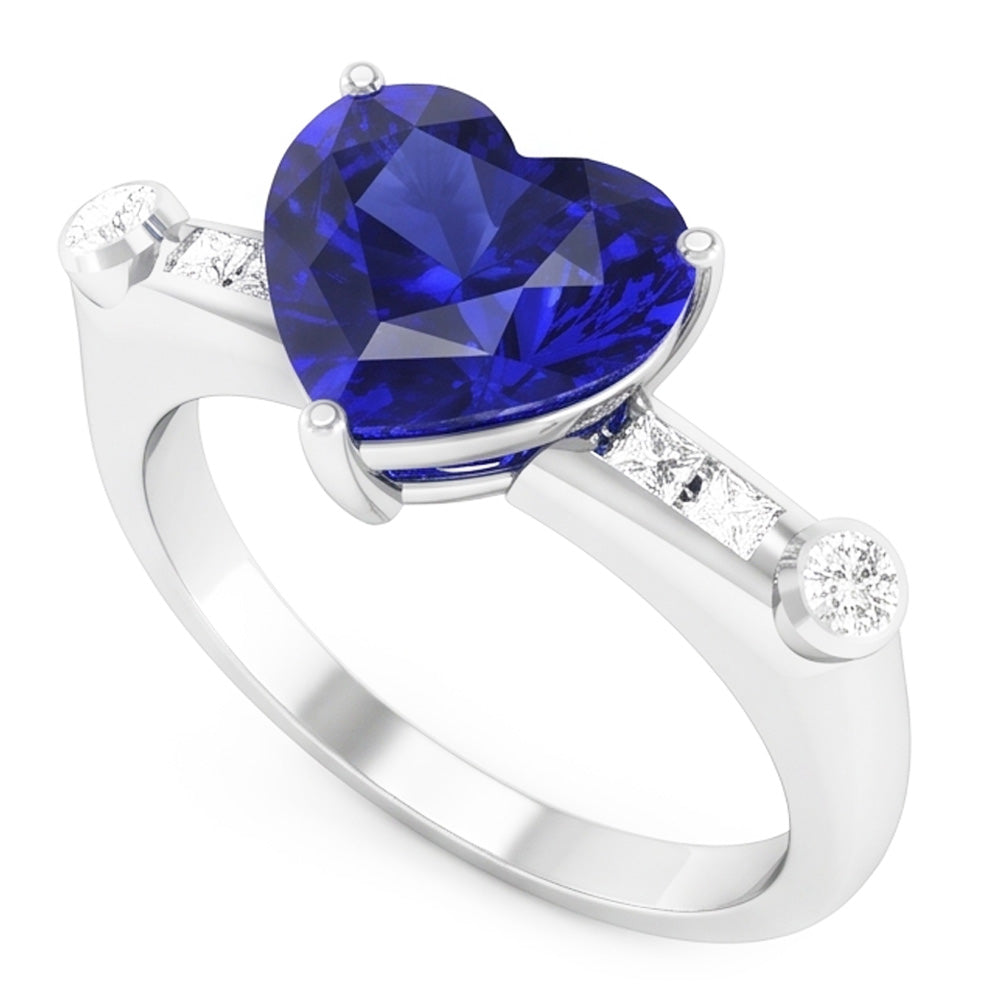 Princess & Round Natural Earth Mined Diamond Blue Sapphire Ring 3.50 Carats