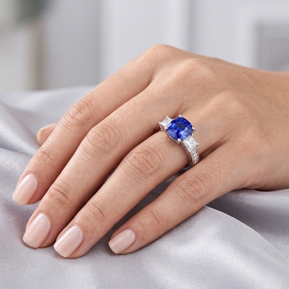 Princess & Round Natural Earth Mined Diamond Cushion Sapphire Ring Jewelry 3.50 Carats