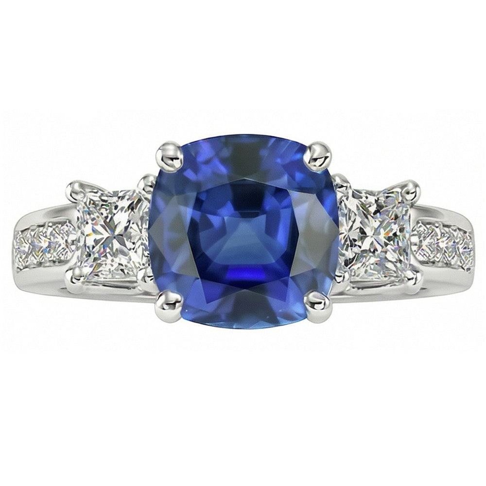 Princess & Round Natural Earth Mined Diamond Ring Cushion Ceylon Sapphire 3 Carats Gold
