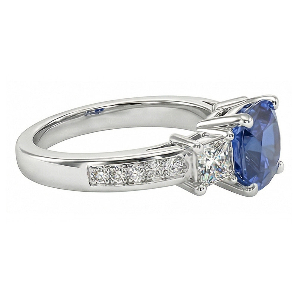 Princess & Round Natural Earth Mined Diamond Ring Cushion Ceylon Sapphire 3 Carats Gold