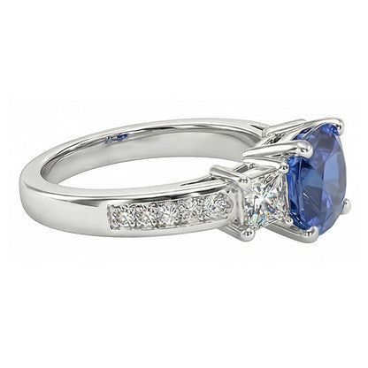 Princess & Round Natural Earth Mined Diamond Ring Cushion Ceylon Sapphire 3 Carats Gold
