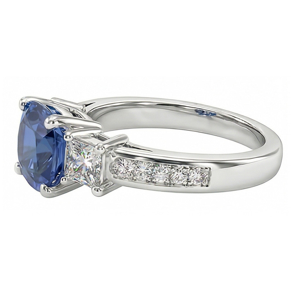 Princess & Round Natural Earth Mined Diamond Ring Cushion Ceylon Sapphire 3 Carats Gold