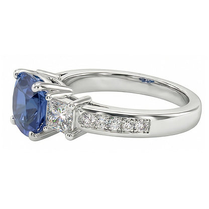Princess & Round Natural Earth Mined Diamond Ring Cushion Ceylon Sapphire 3 Carats Gold