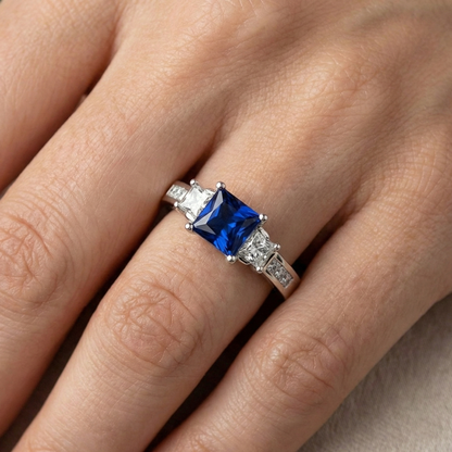 Princess Cut 2.85 Ct Sapphire And Natural Earth Mined Diamonds Wedding Ring White Gold 14K
