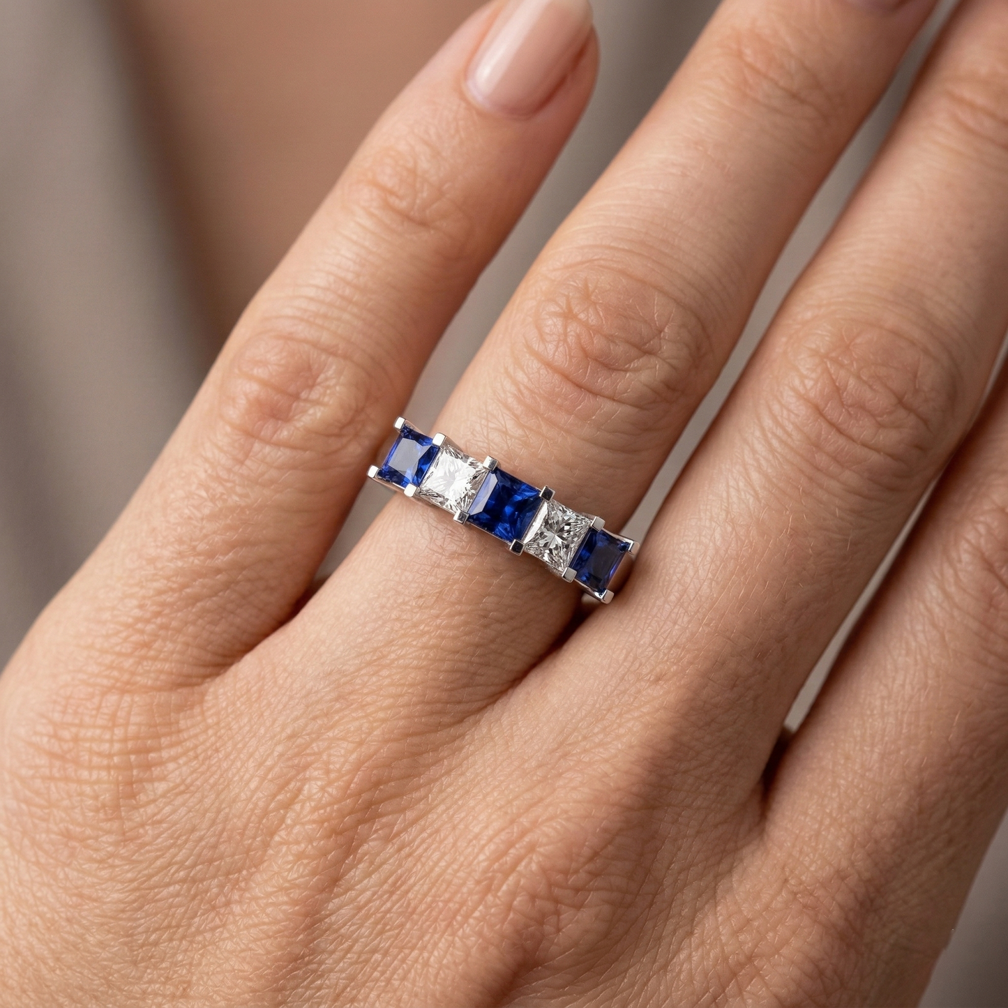 Princess Cut Ceylon Sapphire Natural Earth Mined Diamonds 5 Stone Ring 1.75 Ct