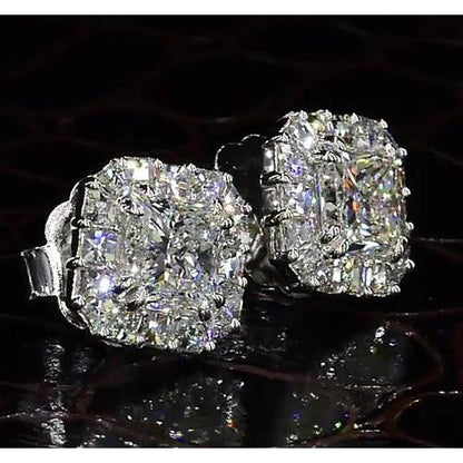 Princess Cut Diamond Halo Style Stud Earring 4 Carats White Gold 14K