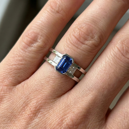 Princess Natural Earth Mined Diamond 3 Stone Emerald Sapphire Ring Split Shank 1.25 Carats