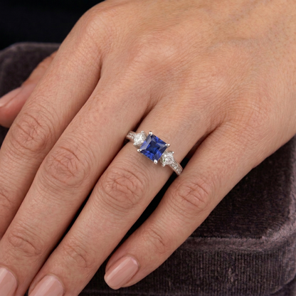 Princess Round Natural Earth Mined Diamond Ceylon Sapphire Ring 2.50 Carats White Gold 14K
