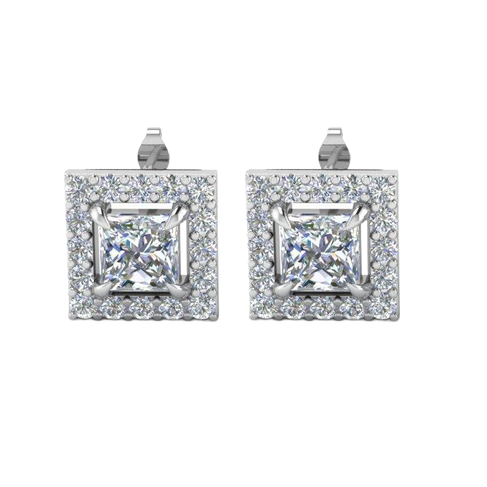 Princess And Round Cut 1.80 Ct. Natural Earth Mined Diamonds Studs Halo Earrings