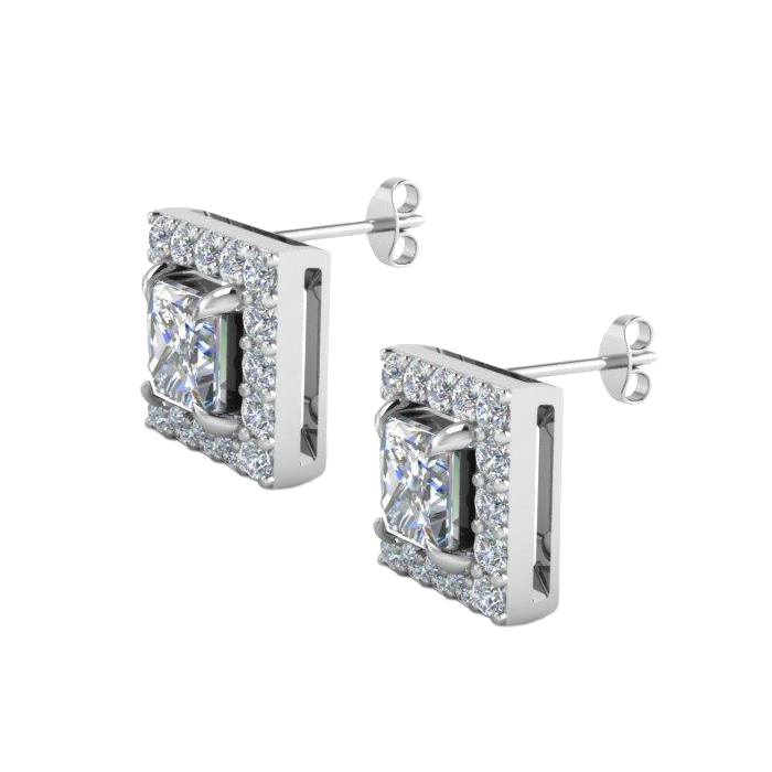 Princess And Round Cut 1.80 Ct. Natural Earth Mined Diamonds Studs Halo Earrings