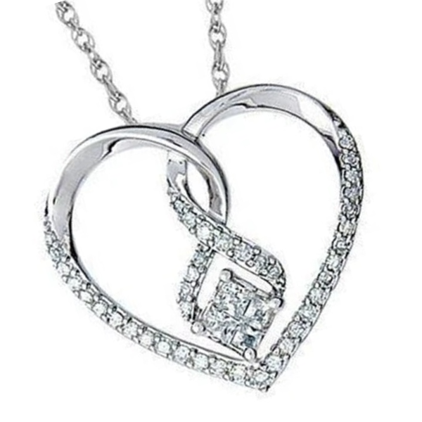 Princess & Round Shaped Natural Earth Mined Diamond Heart Pendant 1.39 Carat White Gold 14K