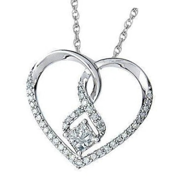 Princess & Round Shaped Natural Earth Mined Diamond Heart Pendant 1.39 Carat White Gold 14K
