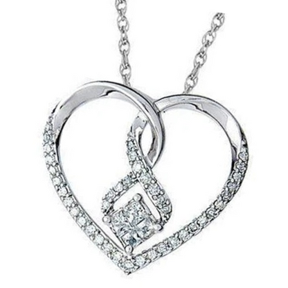 Princess & Round Shaped Natural Earth Mined Diamond Heart Pendant 1.39 Carat White Gold 14K