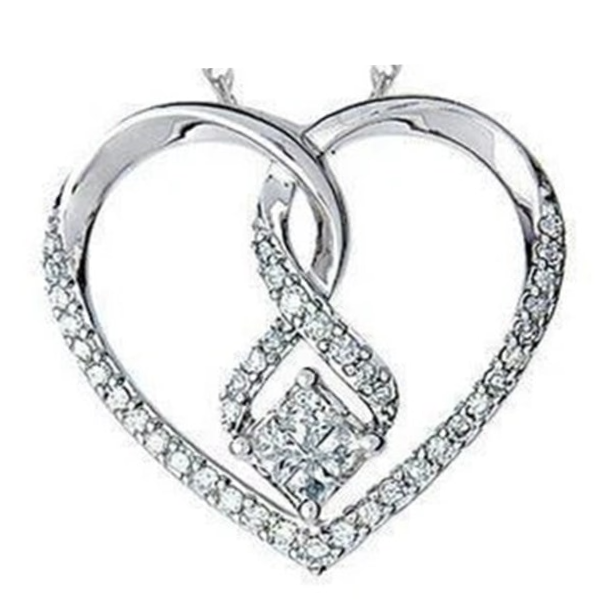 Princess & Round Shaped Natural Earth Mined Diamond Heart Pendant 1.39 Carat White Gold 14K