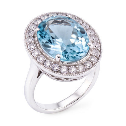 Prong Set 11 Ct Round Aquamarine And Natural Earth Mined Diamonds Ring White Gold 14K