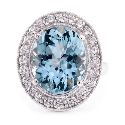 Prong Set 11 Ct Round Aquamarine And Natural Earth Mined Diamonds Ring White Gold 14K