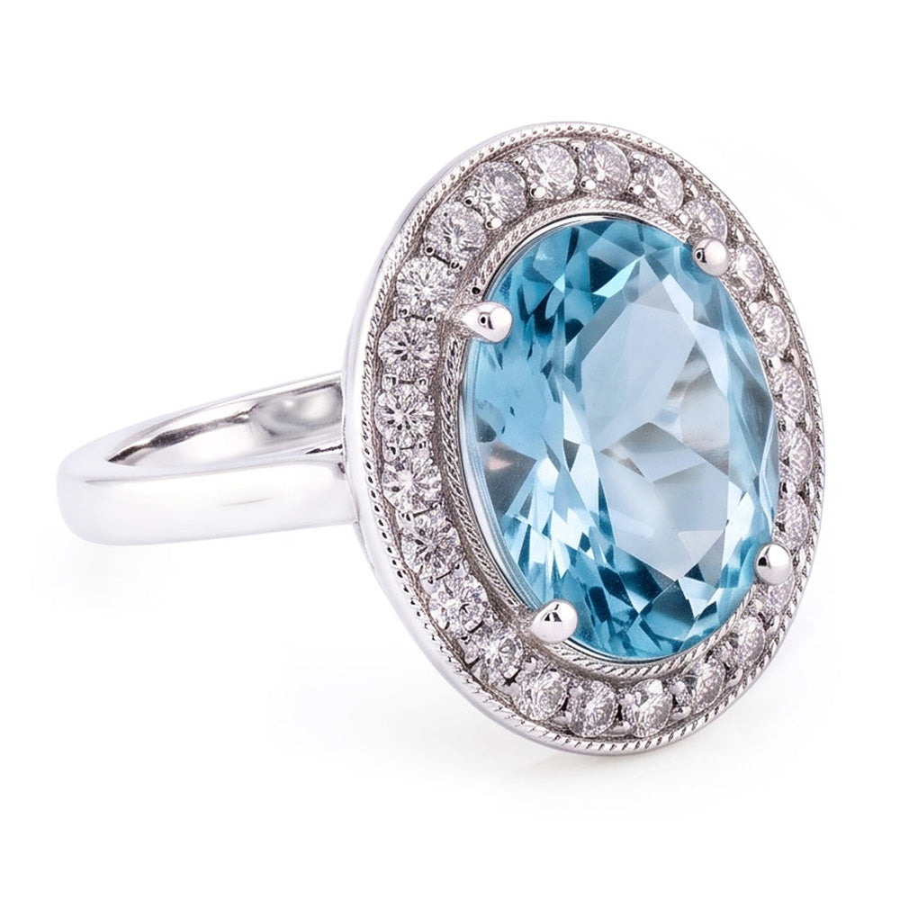 Prong Set 11 Ct Round Aquamarine And Natural Earth Mined Diamonds Ring White Gold 14K