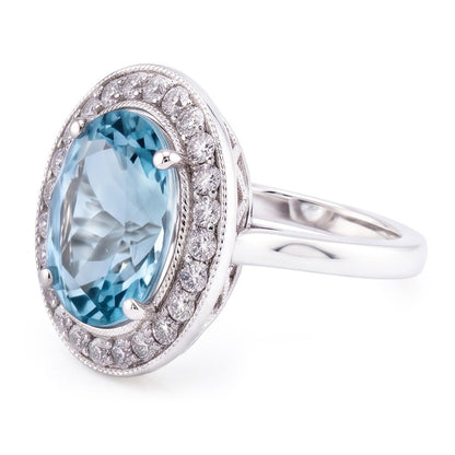 Prong Set 11 Ct Round Aquamarine And Natural Earth Mined Diamonds Ring White Gold 14K