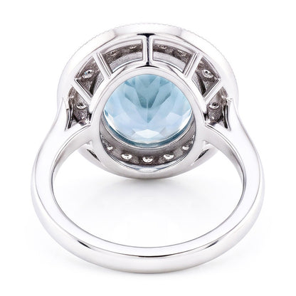 Prong Set 11 Ct Round Aquamarine And Natural Earth Mined Diamonds Ring White Gold 14K