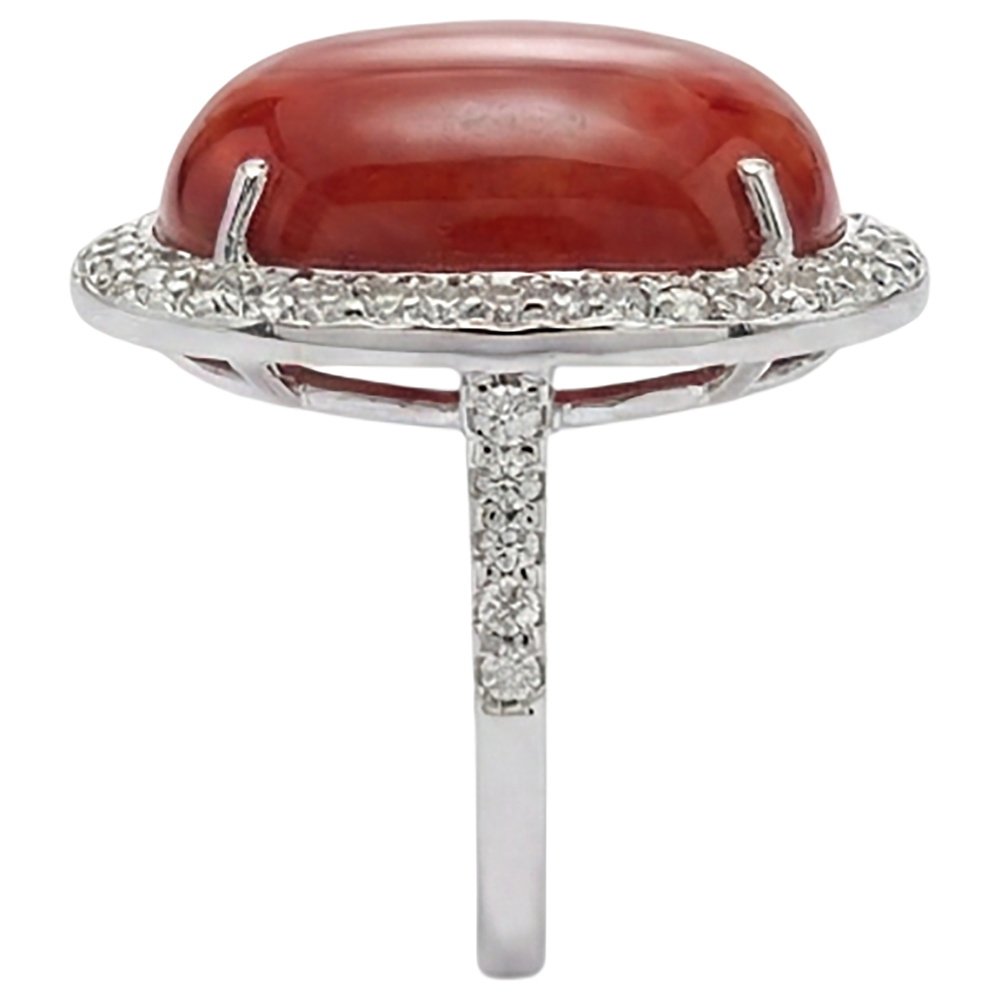 Prong Set 14 Carats Oval Red Coral With Round Natural Earth Mined Diamond Ring