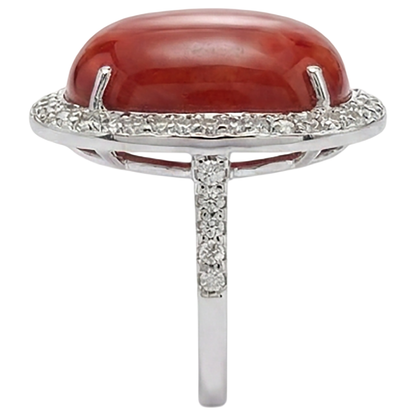 Prong Set 14 Carats Oval Red Coral With Round Natural Earth Mined Diamond Ring