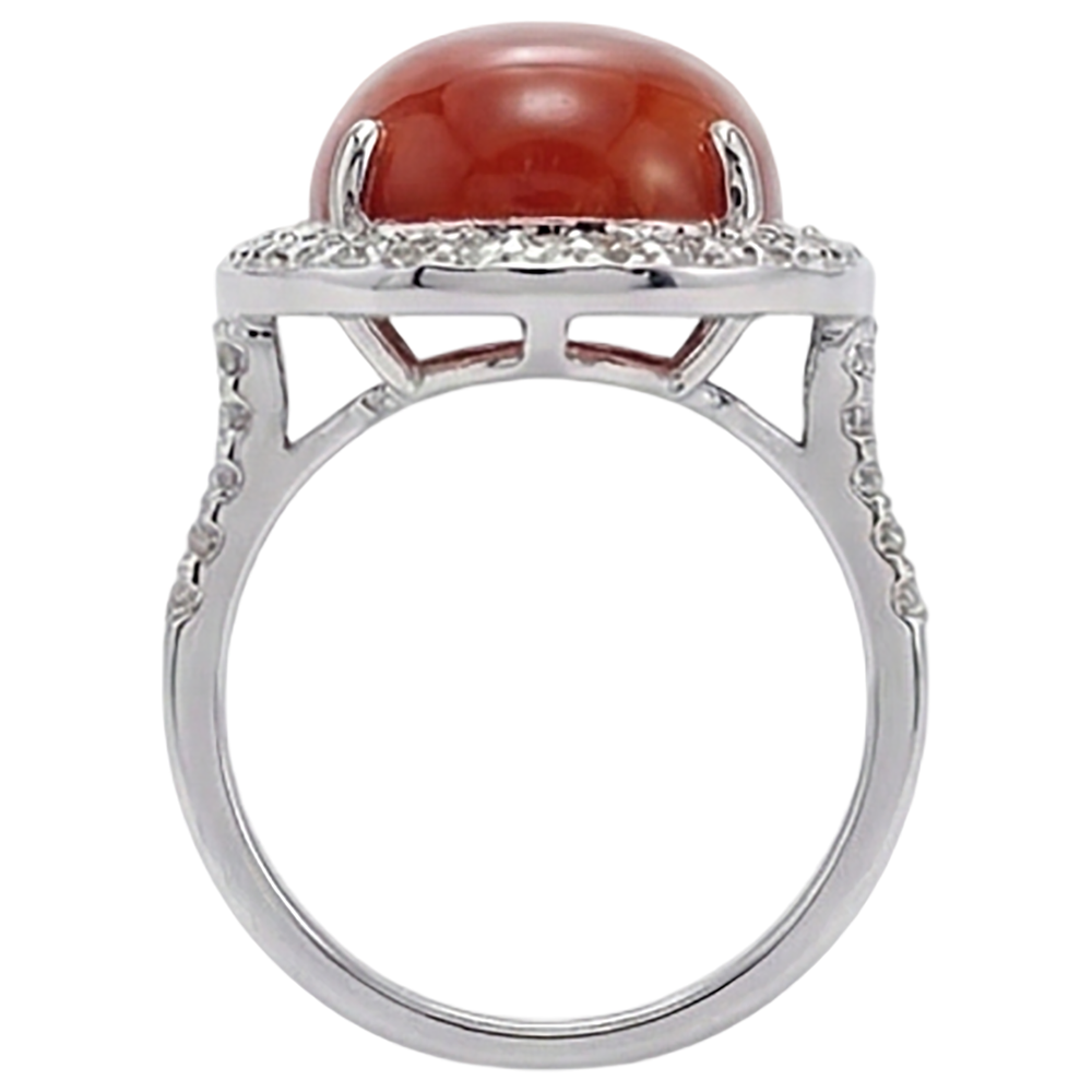 Prong Set 14 Carats Oval Red Coral With Round Natural Earth Mined Diamond Ring