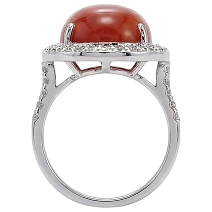 Prong Set 14 Carats Oval Red Coral With Round Natural Earth Mined Diamond Ring