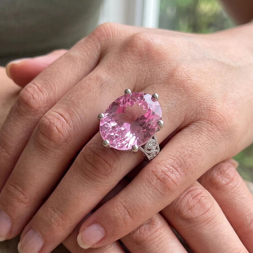 Prong Set 21.00 Ct Solitaire Pink Kunzite Wedding Ring White Gold