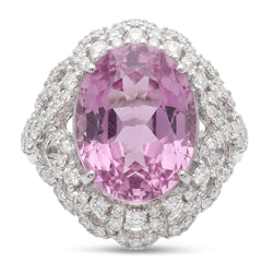 Prong Set 36.75 Ct Pink Kunzite With Natural Earth Mined Diamonds Ring White Gold 14K