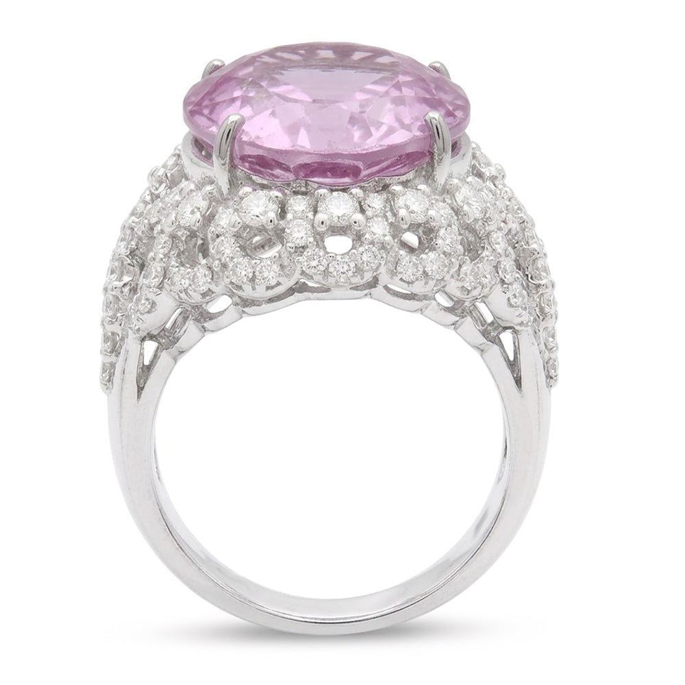 Prong Set 36.75 Ct Pink Kunzite With Natural Earth Mined Diamonds Ring White Gold 14K