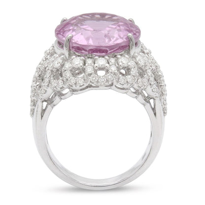 Prong Set 36.75 Ct Pink Kunzite With Natural Earth Mined Diamonds Ring White Gold 14K