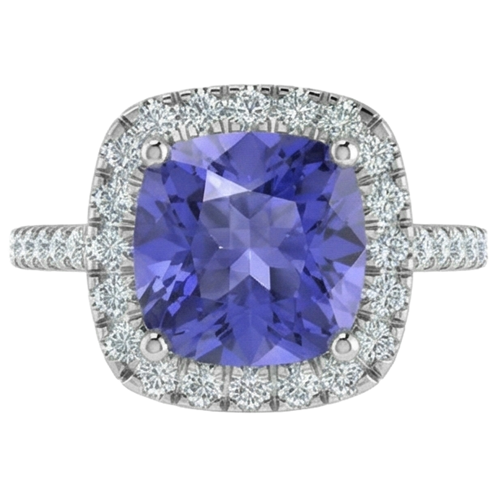 Prong Set 4.50 Ct Blue Tanzanite With Natural Earth Mined Diamonds Ring White Gold 14K