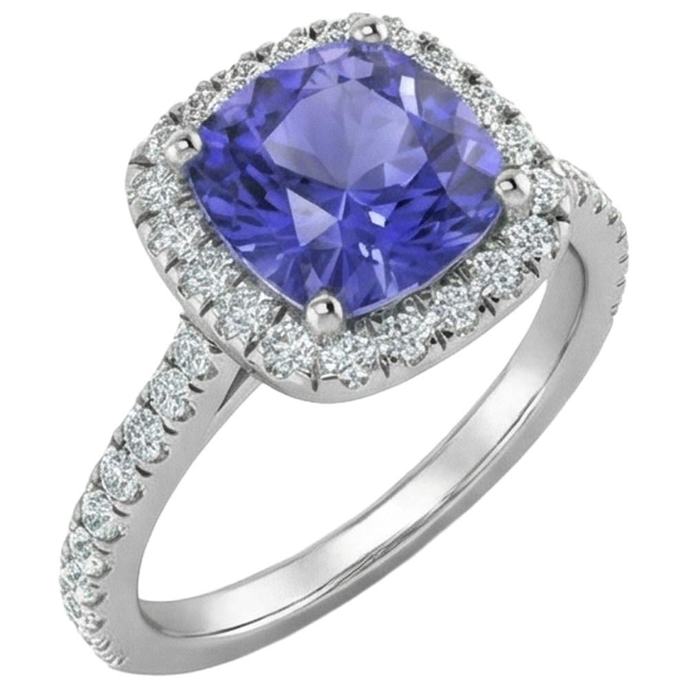Prong Set 4.50 Ct Blue Tanzanite With Natural Earth Mined Diamonds Ring White Gold 14K