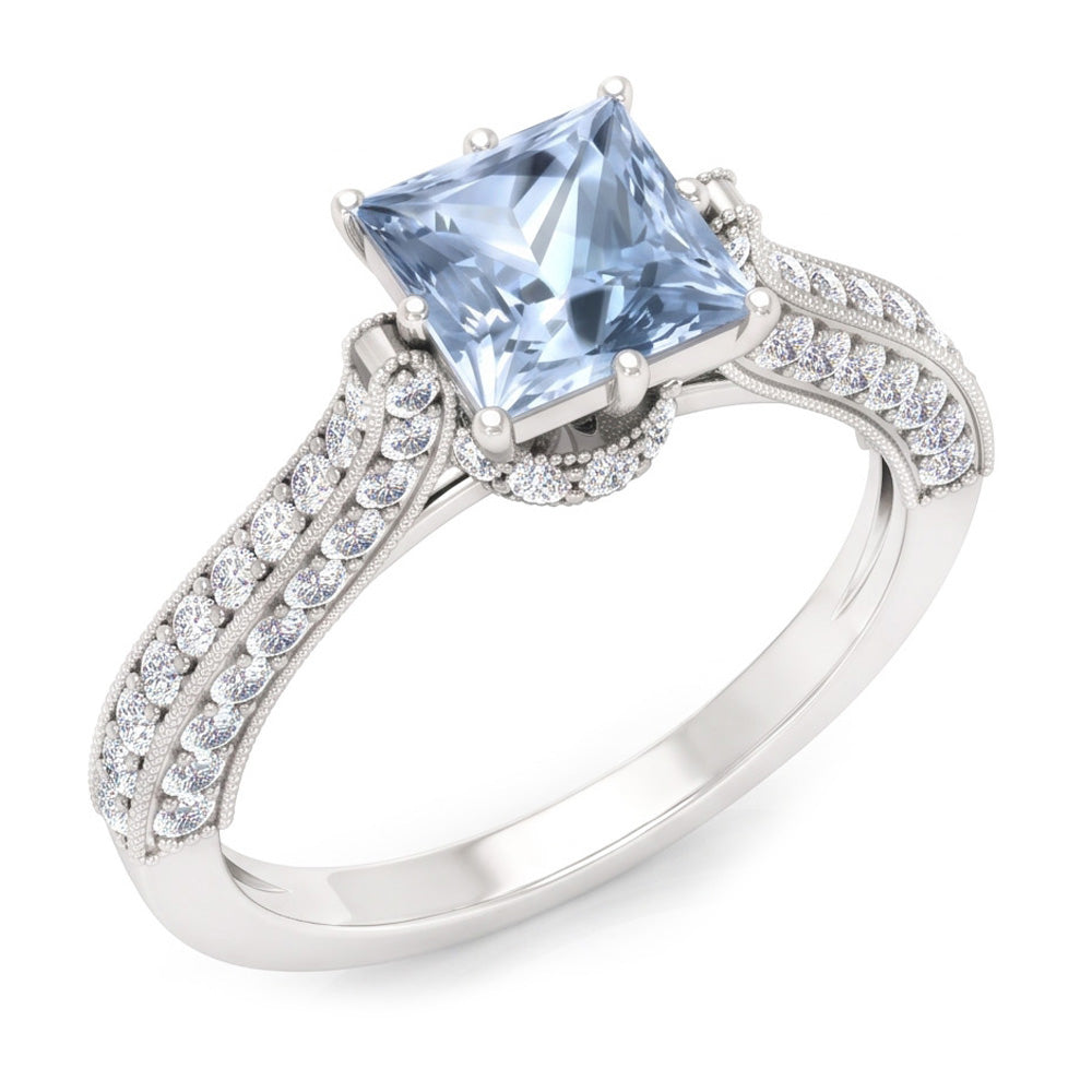 Prong Set 8.50 Carats Aquamarine With Natural Earth Mined Diamonds Ring White Gold 14K