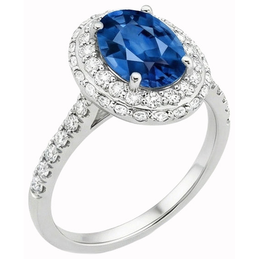 Prong Set Halo Sapphire And Natural Earth Mined Diamonds 3.70 Carats Ring White Gold 14K