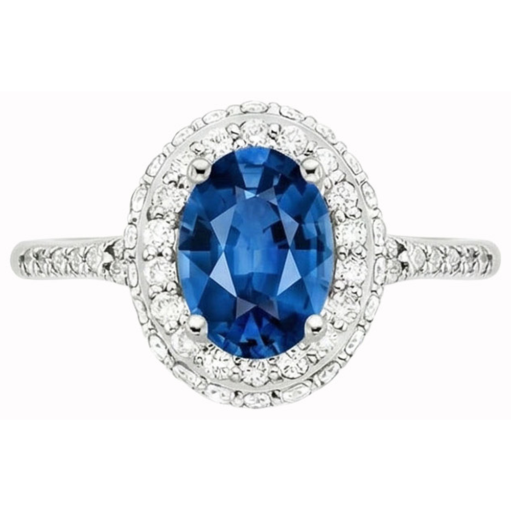 Prong Set Halo Sapphire And Natural Earth Mined Diamonds 3.70 Carats Ring White Gold 14K