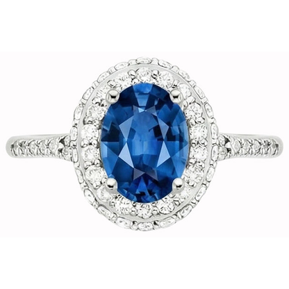 Prong Set Halo Sapphire And Natural Earth Mined Diamonds 3.70 Carats Ring White Gold 14K