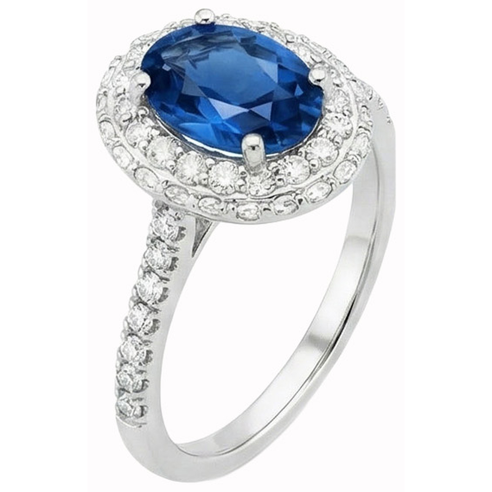Prong Set Halo Sapphire And Natural Earth Mined Diamonds 3.70 Carats Ring White Gold 14K