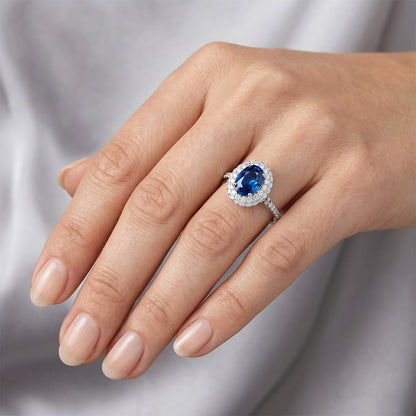 Prong Set Halo Sapphire And Natural Earth Mined Diamonds 3.70 Carats Ring White Gold 14K